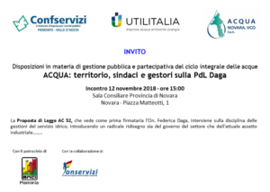 Novara – Settore idrico: Incontro – Disposizioni in materia di gestione pubblica e partecipativa del ciclo integrale delle acque. “ACQUA: territorio, sindaci e gestori sulla PdL Daga”