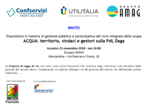 Alessandria – Settore idrico: Incontro – Disposizioni in materia di gestione pubblica e partecipativa del ciclo integrale delle acque. “ACQUA: territorio, sindaci e gestori sulla PdL Daga”